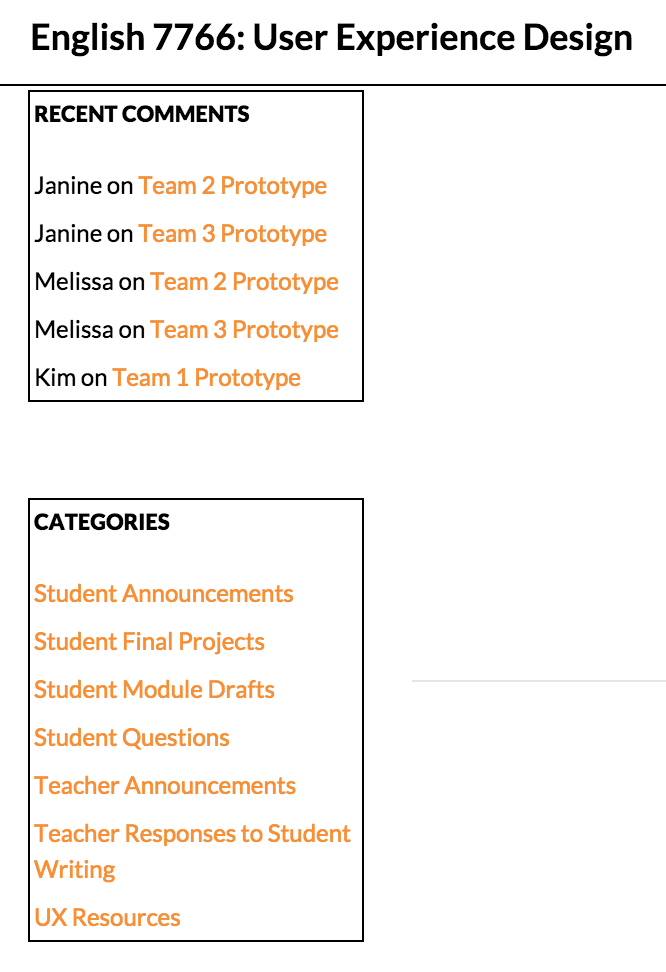 A screenshot of my UX course website, published as part of "5 Tips for Teaching and Training with WordPress"