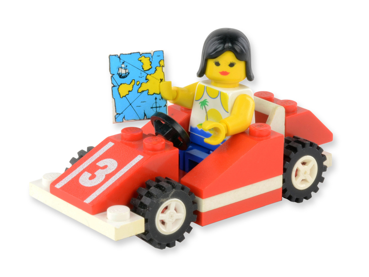 A Lego woman in a race car holding a map, Published as part of User-Generated Content Strategy in “The Free Repair Guide for Everything”