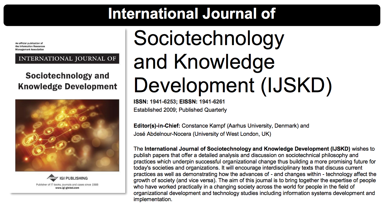 A brochure for the International Journal of Sociotechnology and Knowledge Development, published as part of "Teaching Agile Project Management With UX"